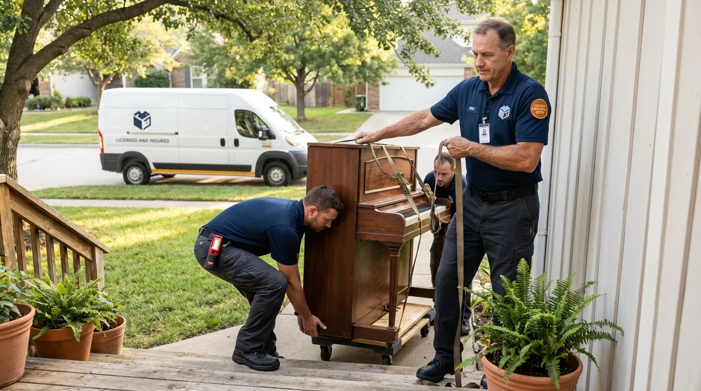 Licensed piano movers securing grand piano in Ozark, AL